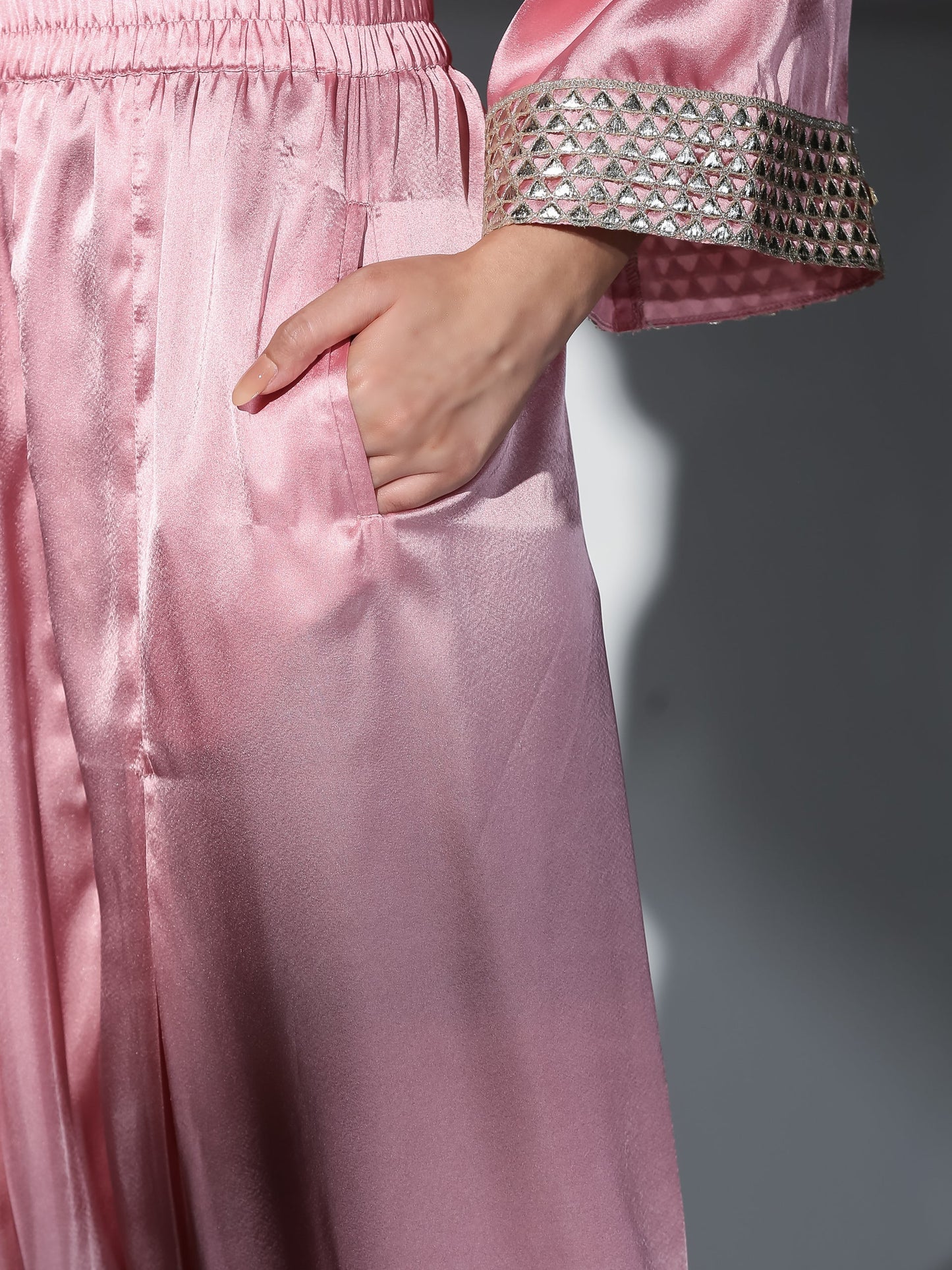 Dhiyona ST Women's Vision in Pink Satin Set with Gold Triangle on Sleeves and Easy Pants 2 Piece Set | Straight Fit, Round Neck, 3/4 Sleeves, Pants, Festive Wear, (Satin)