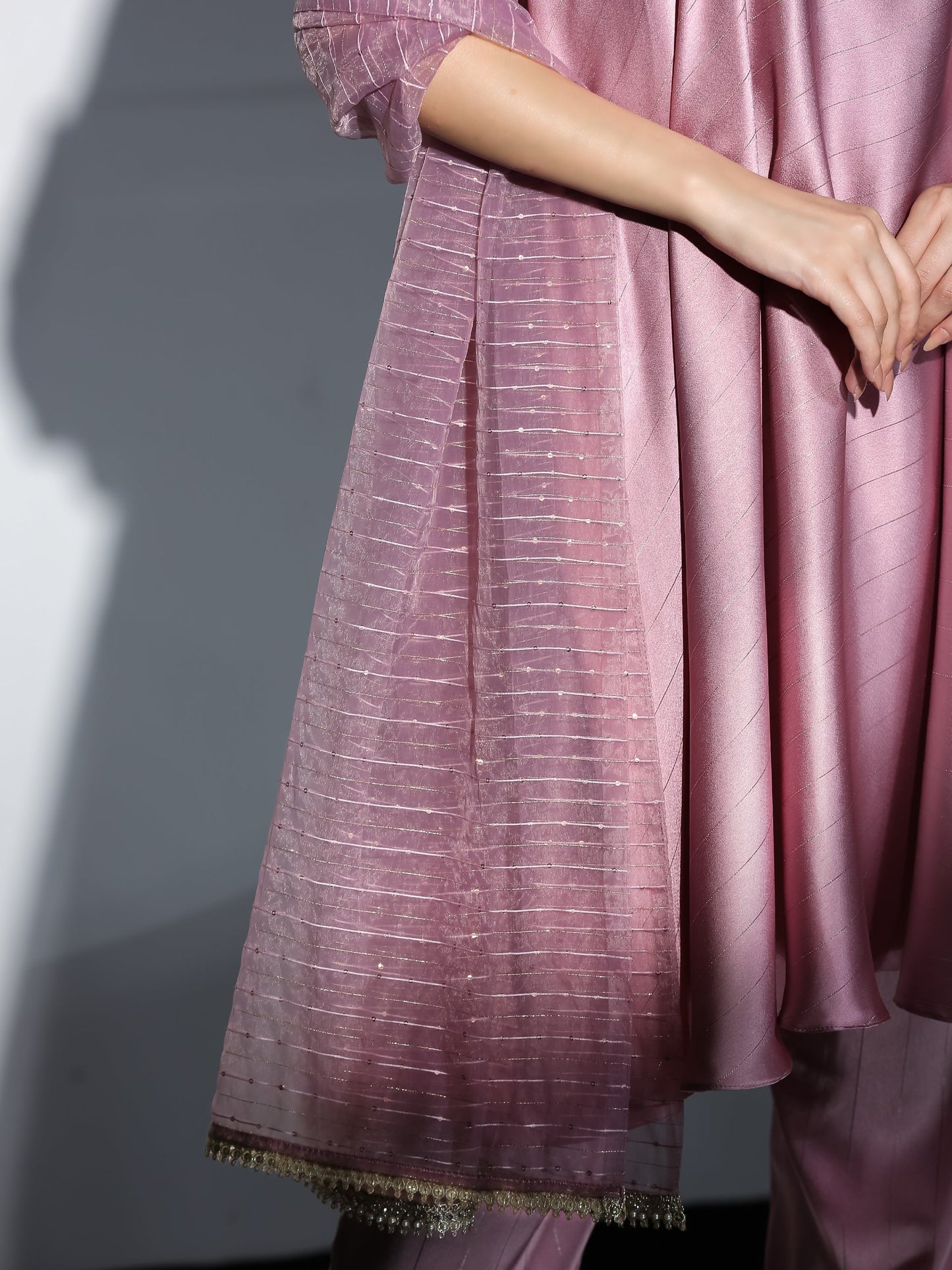 Dhiyona ST Women's Pink Stripe Satin Dress Set with Pants and Organza Sparkle Dupatta with Lace 3 Piece Set | Straight Fit, Round Neck, Sleeveless, Pants, Festive Wear, (Satin)