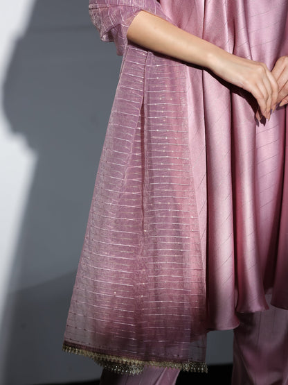 Dhiyona ST Women's Pink Stripe Satin Dress Set with Pants and Organza Sparkle Dupatta with Lace 3 Piece Set | Straight Fit, Round Neck, Sleeveless, Pants, Festive Wear, (Satin)