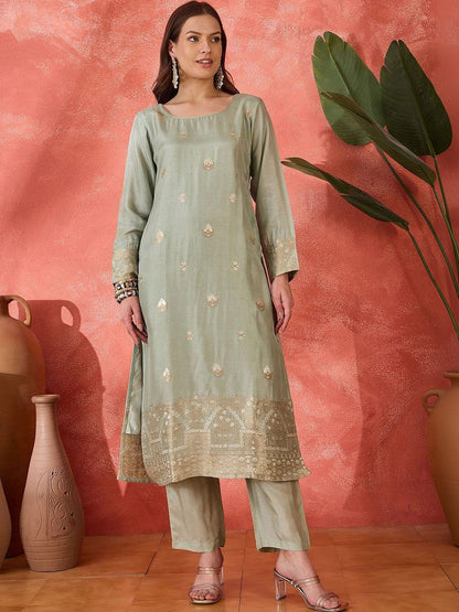 Woven Design Round Neck Straight Kurta With Trousers And Dupatta