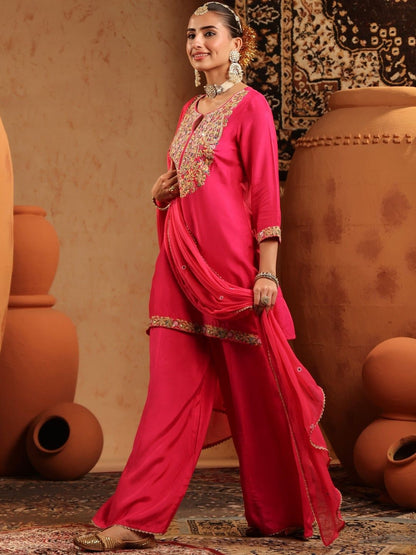 Dhiyona SC Women Fuchsia Silk Embroidered-Handwork Sharara Set
