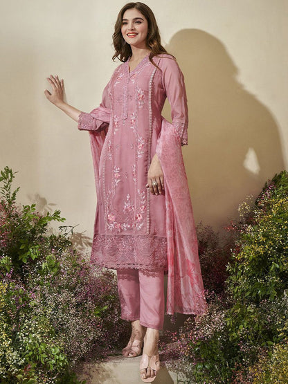 Dhiyona IS Women's Women Floral Embroidered Regular Kurta with Trousers & With Dupatta