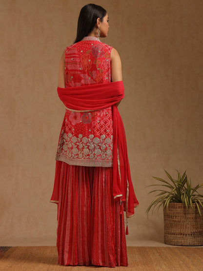 Dhiyona SO Women's Women Bandhani Printed Zardozi Sleeveless Straight Kurta with Sharara & Dupatta