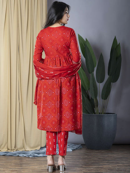 Dhiyona KL Bandhani Printed Thread Work Pure Cotton Kurta With Trousers & Dupatta