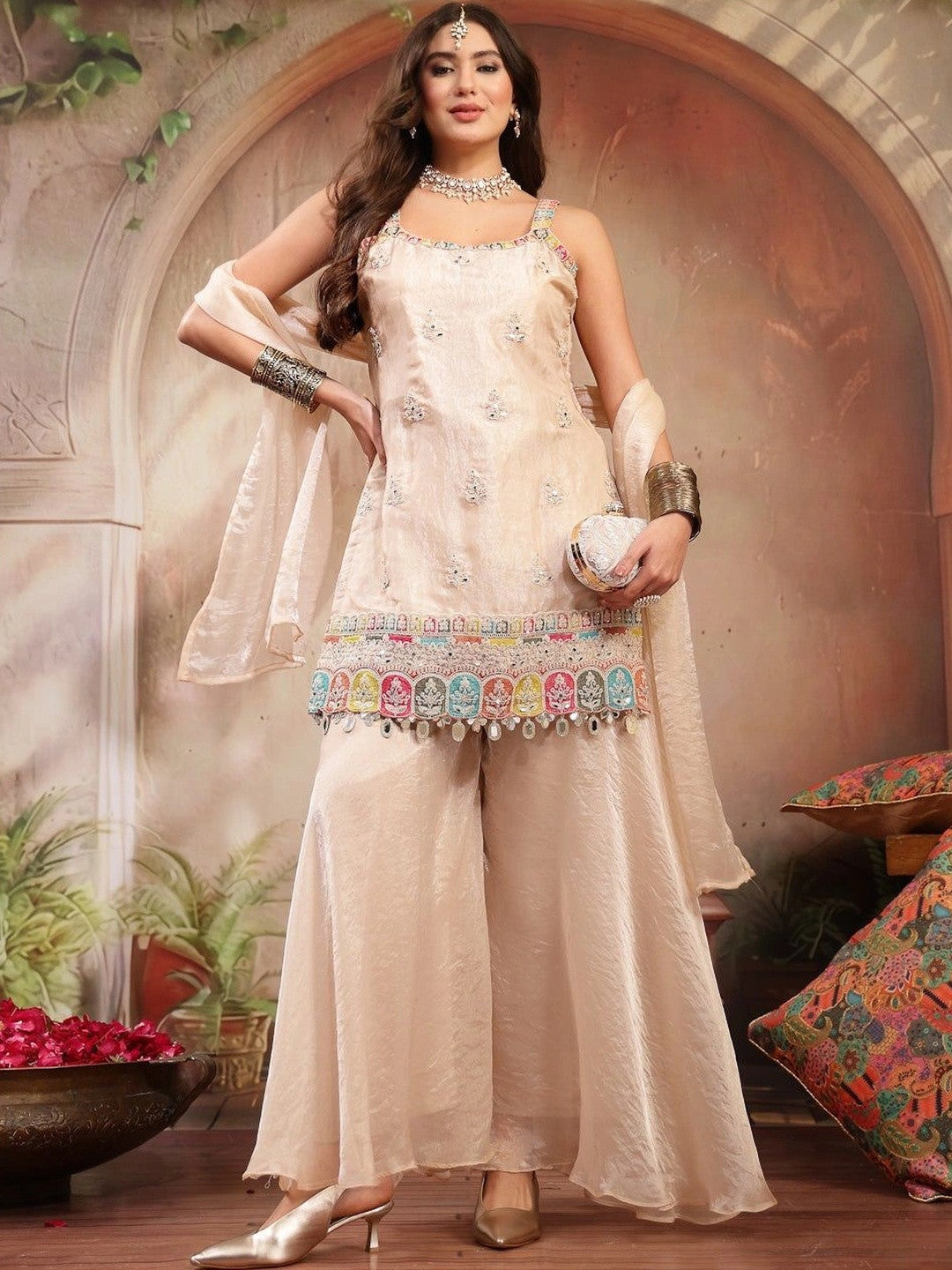 Women Ethnic Motifs Embroidered Regular Mirror Work Kurta with Sharara & With Dupatta