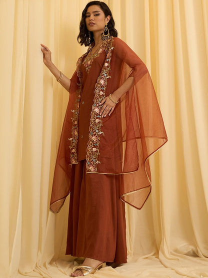 Dhiyona CH Floral Embroidered Regular Thread Work Kurta with Palazzos & Cape Dupatta