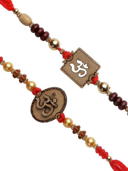 Dhiyona Set Of 2 Red Wooden Om Beaded Rakhi With Roli Rice & Greeting Card