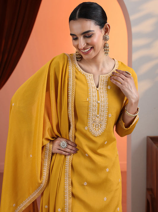 Floral Embroidered Round Neck Sequinned Kurta With Sharara & Dupatta