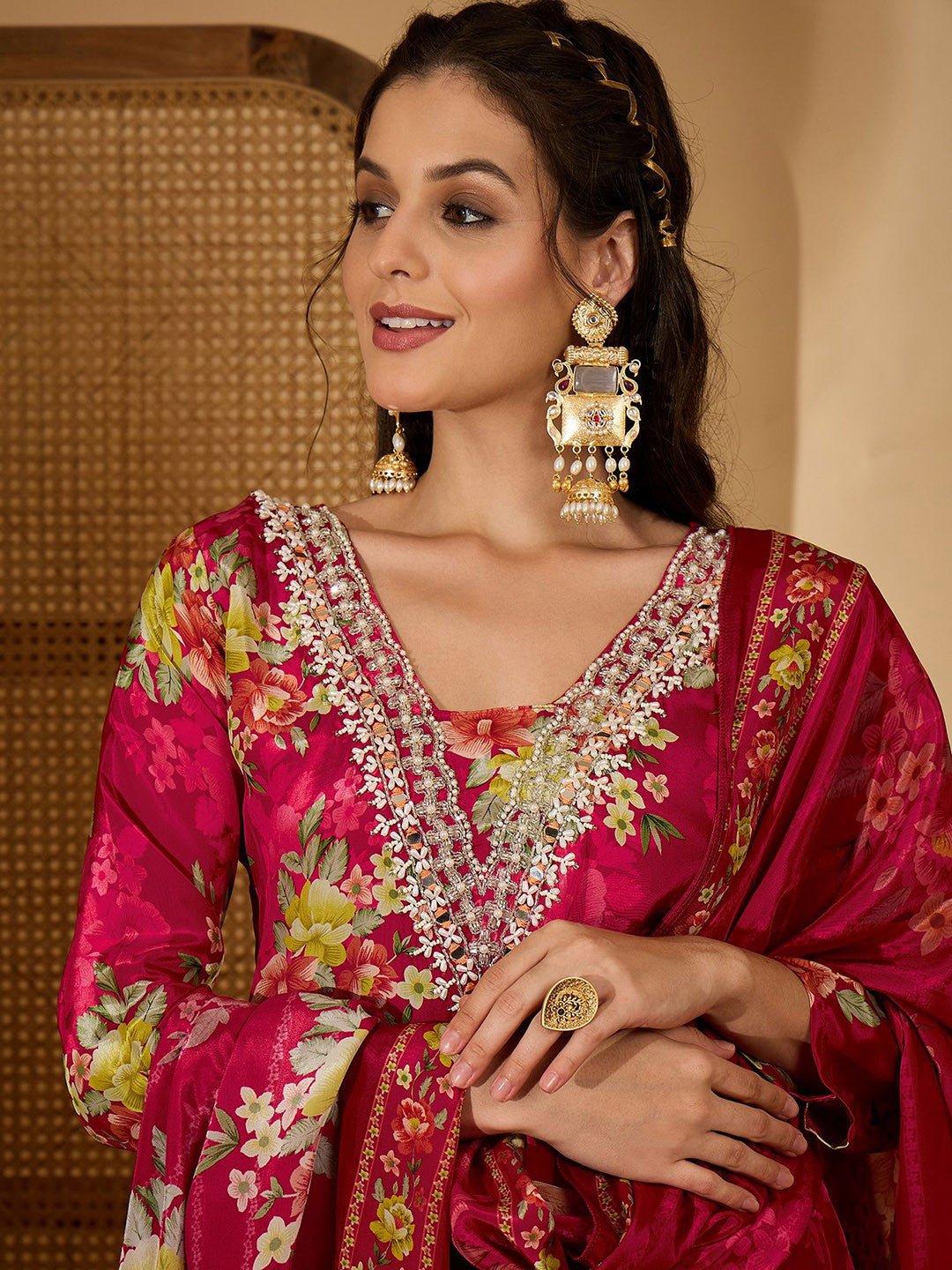 Women Floral Printed Silk Kurta with Trousers & Dupatta