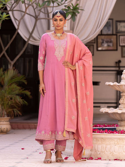 Dhiyona CH Women Ethnic Motifs Self Design Pleated Mirror Work Kurta with Trousers & Dupatta
