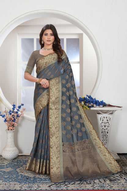 Dhiyona GR Women's Grey Zari Woven Design Chanderi Cotton Saree