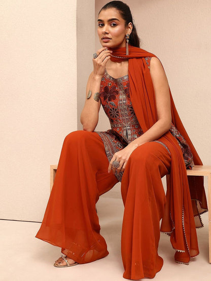 Dhiyona LL Women Floral Embroidered Empire Thread Work Kurta with Palazzos & With Dupatta