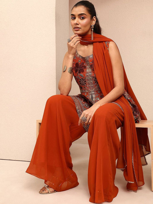 Dhiyona LL Women Floral Embroidered Empire Thread Work Kurta with Palazzos & With Dupatta