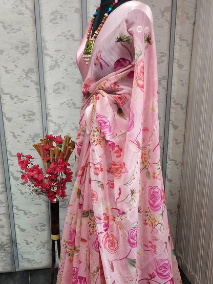 Women's Cotton Silk Light Pink  Printed Celebrity Saree With Blouse Piece