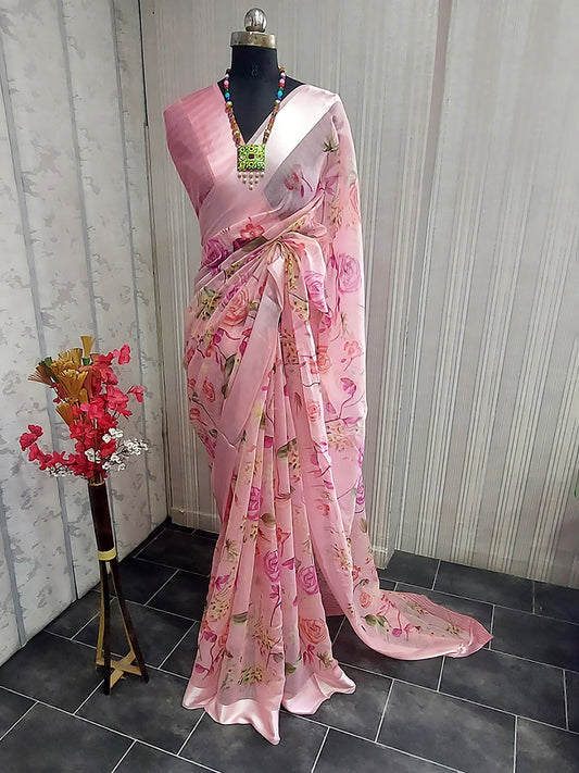 Women's Cotton Silk Light Pink  Printed Celebrity Saree With Blouse Piece