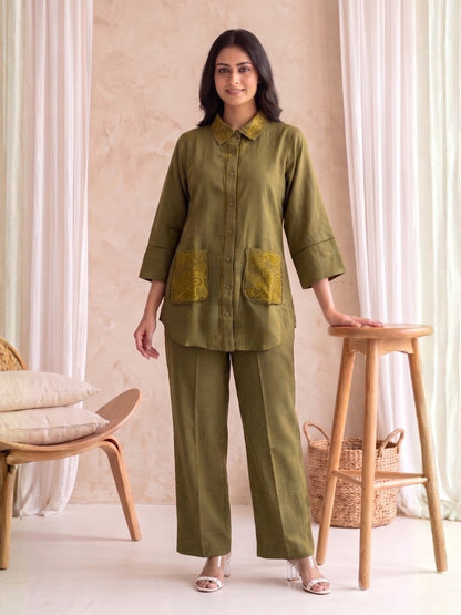 Prisha Olive embroidery cotton co-ord set