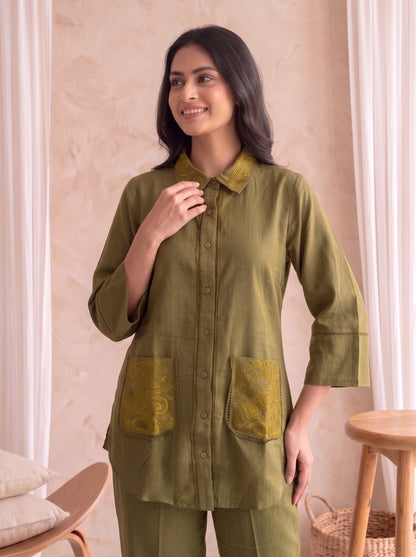Prisha Olive embroidery cotton co-ord set