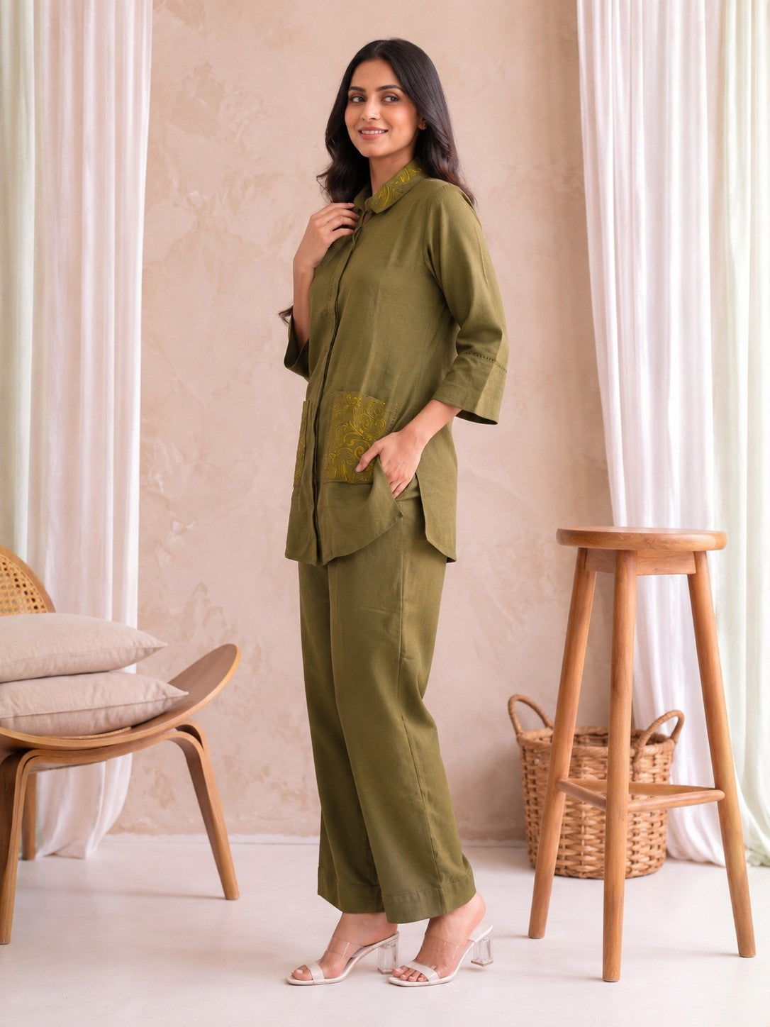 Prisha Olive embroidery cotton co-ord set