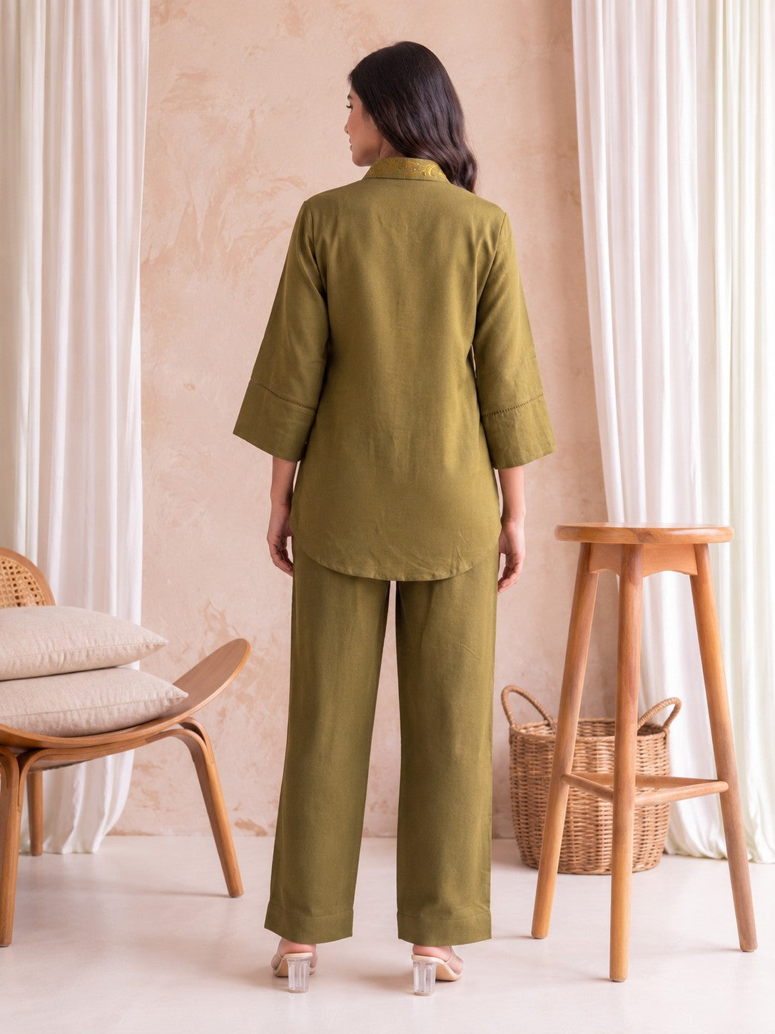 Prisha Olive embroidery cotton co-ord set