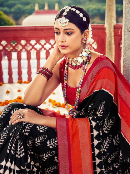 Women's Tussar Silk Black Woven Design Designer Saree With Blouse Piece