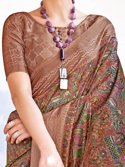 Women's Silk Blend Brown Woven Design Designer Saree With Blouse Piece