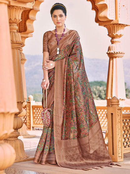 Women's Silk Blend Brown Woven Design Designer Saree With Blouse Piece