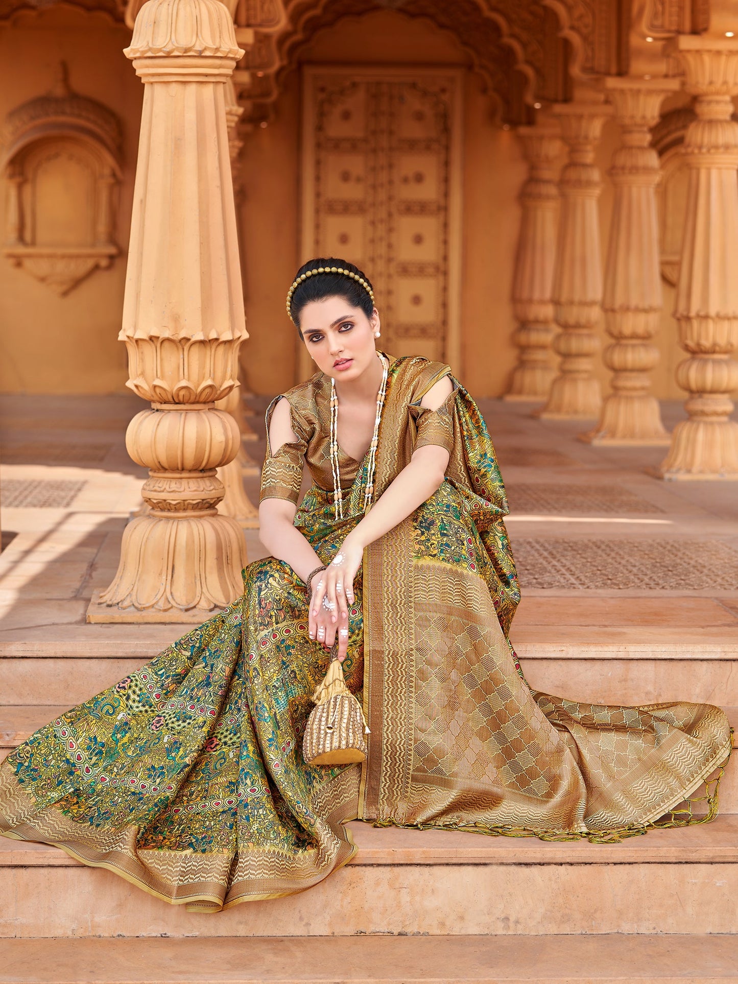 Women's Silk Blend Yellow Woven Design Designer Saree With Blouse Piece