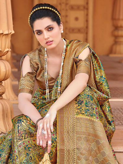 Women's Silk Blend Yellow Woven Design Designer Saree With Blouse Piece