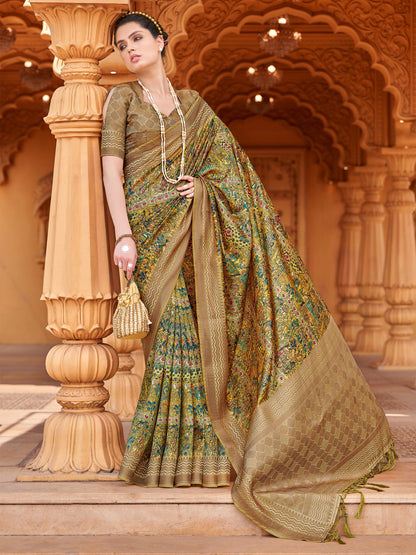 Women's Silk Blend Yellow Woven Design Designer Saree With Blouse Piece