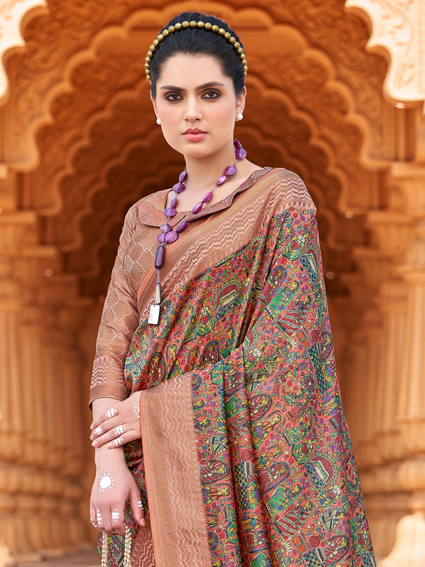 Women's Silk Blend Rose Gold Woven Design Designer Saree With Blouse Piece