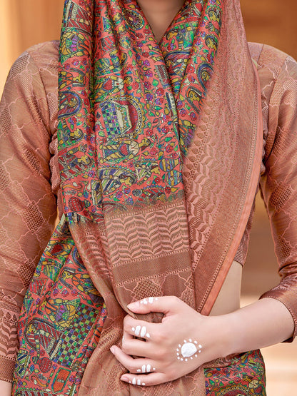 Women's Silk Blend Rose Gold Woven Design Designer Saree With Blouse Piece