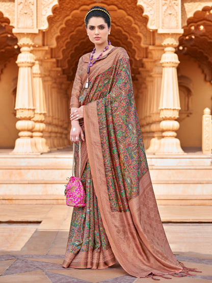 Women's Silk Blend Rose Gold Woven Design Designer Saree With Blouse Piece