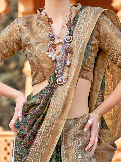 Women's Silk Blend Green Woven Design Designer Saree With Blouse Piece