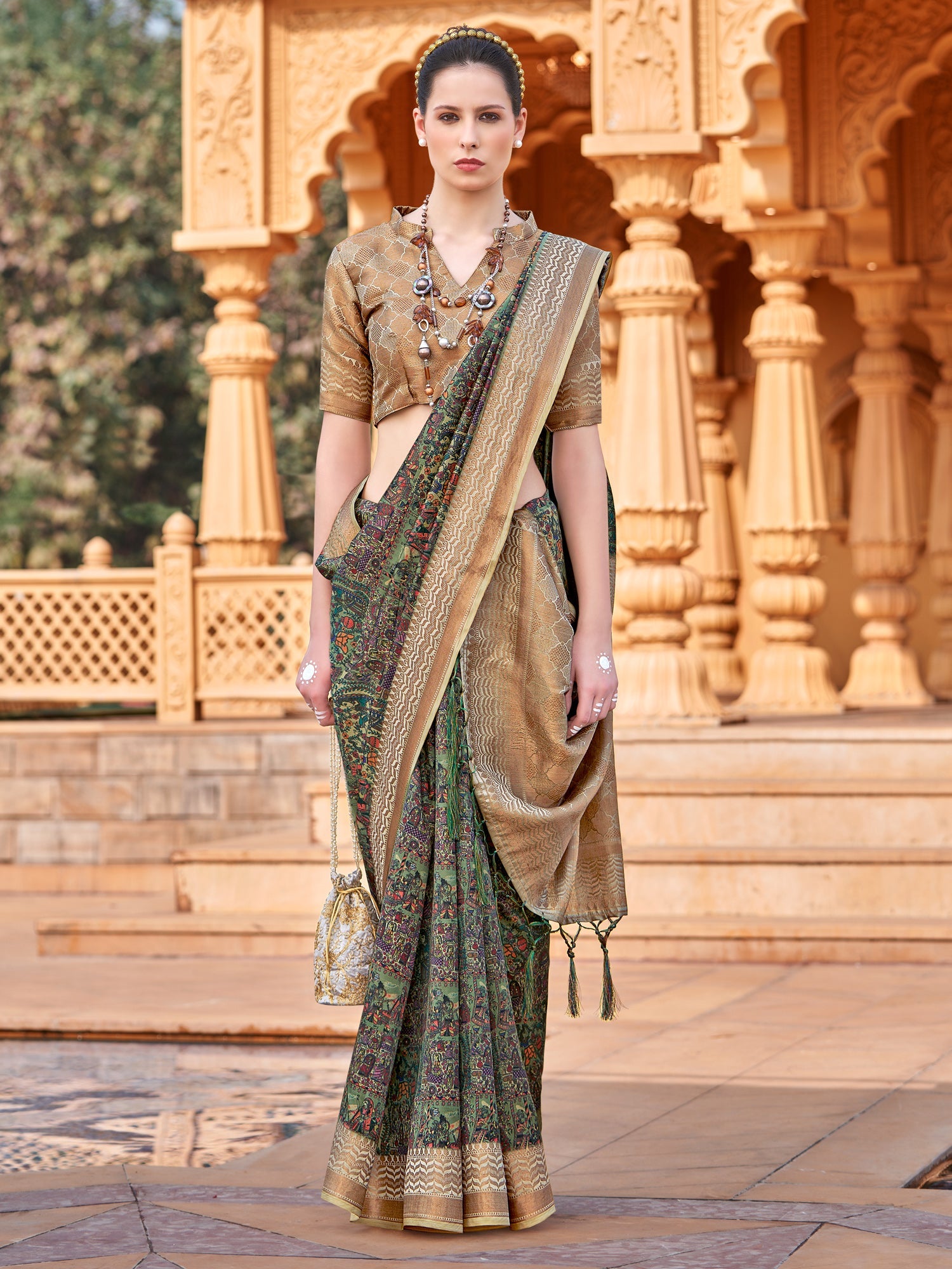 Women's Silk Blend Green Woven Design Designer Saree With Blouse Piece