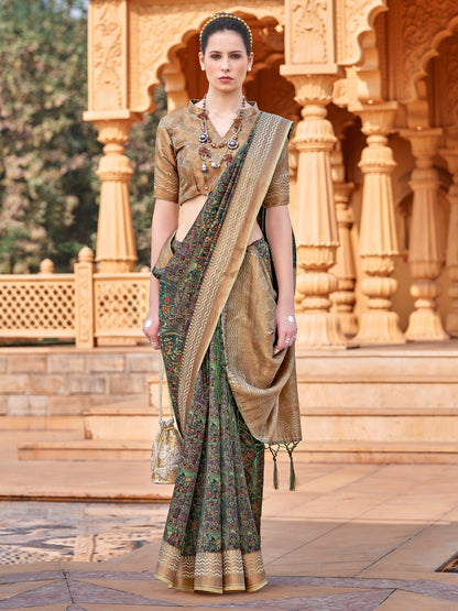 Women's Silk Blend Green Woven Design Designer Saree With Blouse Piece