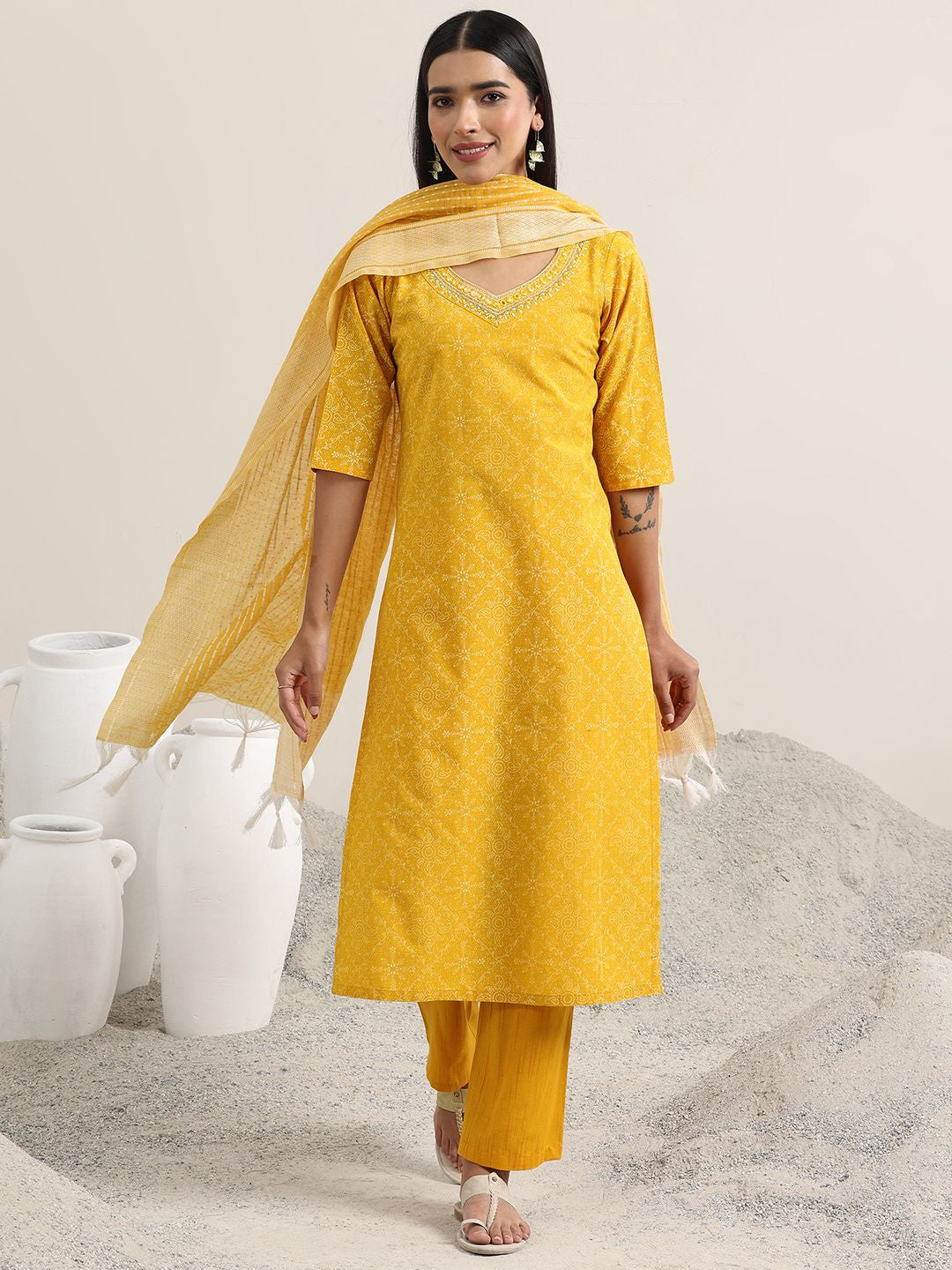 Ethnic Motifs Printed V-Neck Thread Work Straight Kurta With Trousers & Dupatta