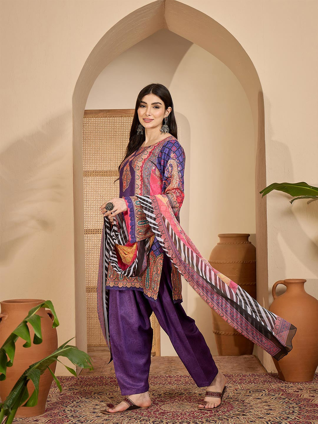 Printed Wool Round Neck Kurta & Trousers with Dupatta set