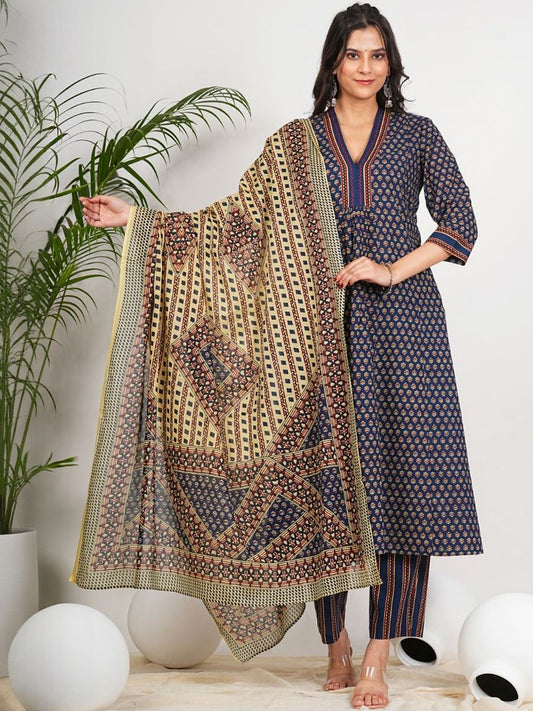 Dhiyona KL Ethnic Motifs Printed Pure Cotton A-Line Kurta & Trousers With Dupatta