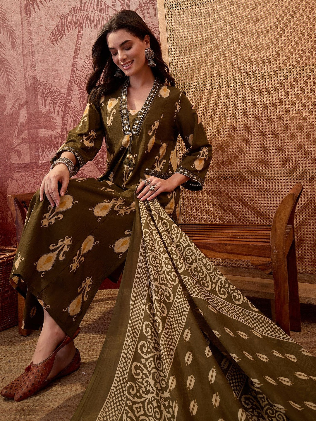 Women Ethnic Motifs Printed Regular Mirror Work Pure Cotton Kurta with Palazzos & With Dupatta