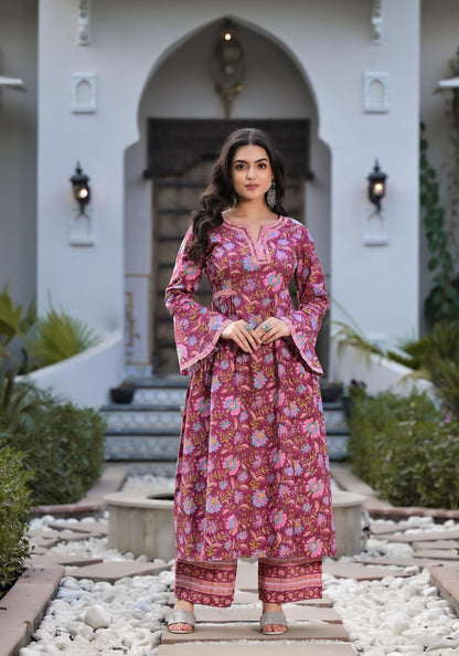 Dhiyona KL Floral Printed Notch Neck Pure Cotton A-Line Kurta With Palazzo And Dupatta