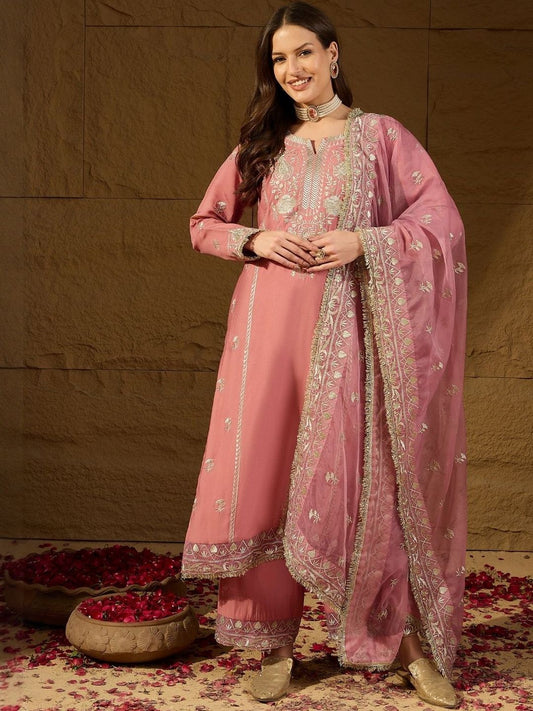 Dhiyona KL Ethnic Motifs Embroidered Thread Work Kurta with Palazzos & Dupatta