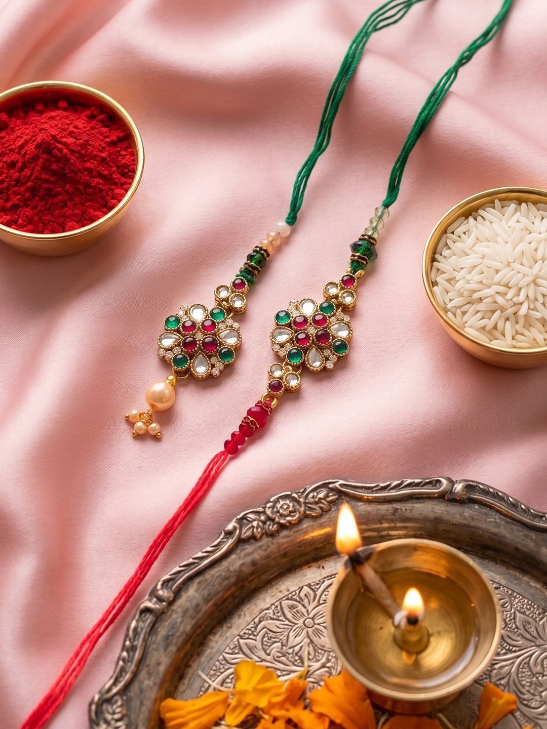 Dhiyona Set Of 2 Floral Design Kundan Studded Bhaiya Bhabhi Rakhi With Roli Chawal Chandan