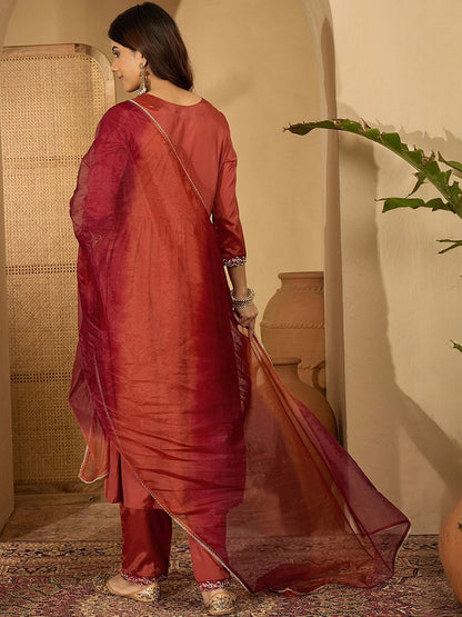 Ethnic Motifs Embroidered Panelled Thread Work A-Line Kurta with Trouser & Dupatta