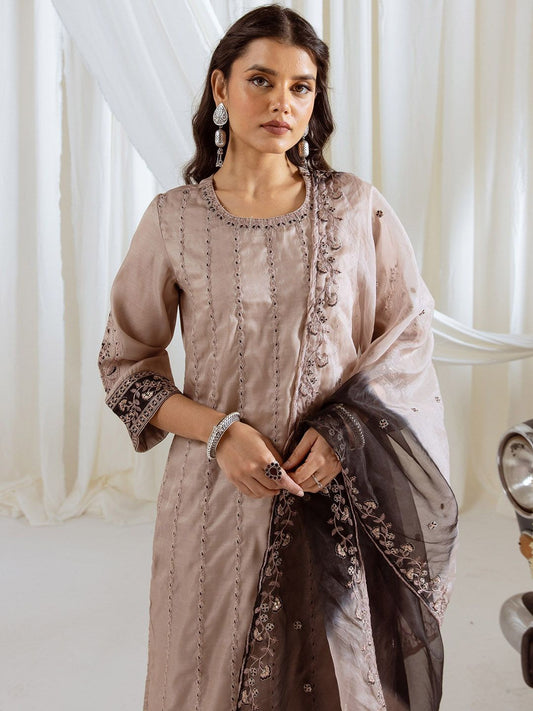 Dhiyona SN Floral Embroidered Thread Work Muslin Silk Straight Kurta With Palazzo And Dupatta