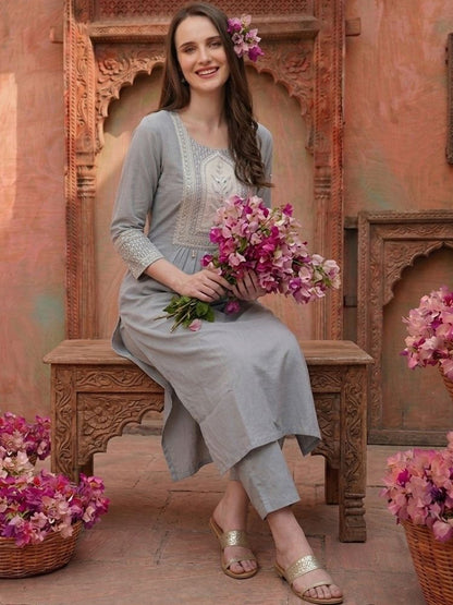 Women Ethnic Motifs Embroidered Empire Mirror Work Pure Cotton Kurta with Trousers & With Dupatta