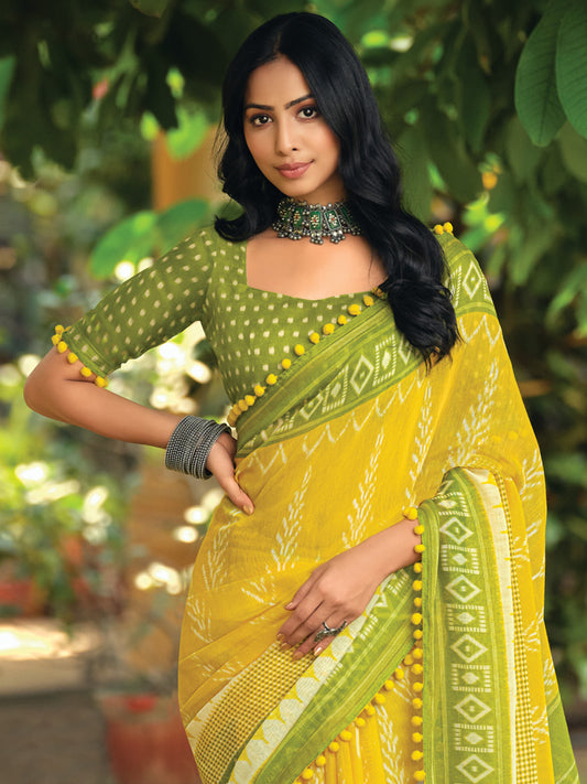 Women's Cotton Blend Yellow Printed Designer Saree With Blouse Piece