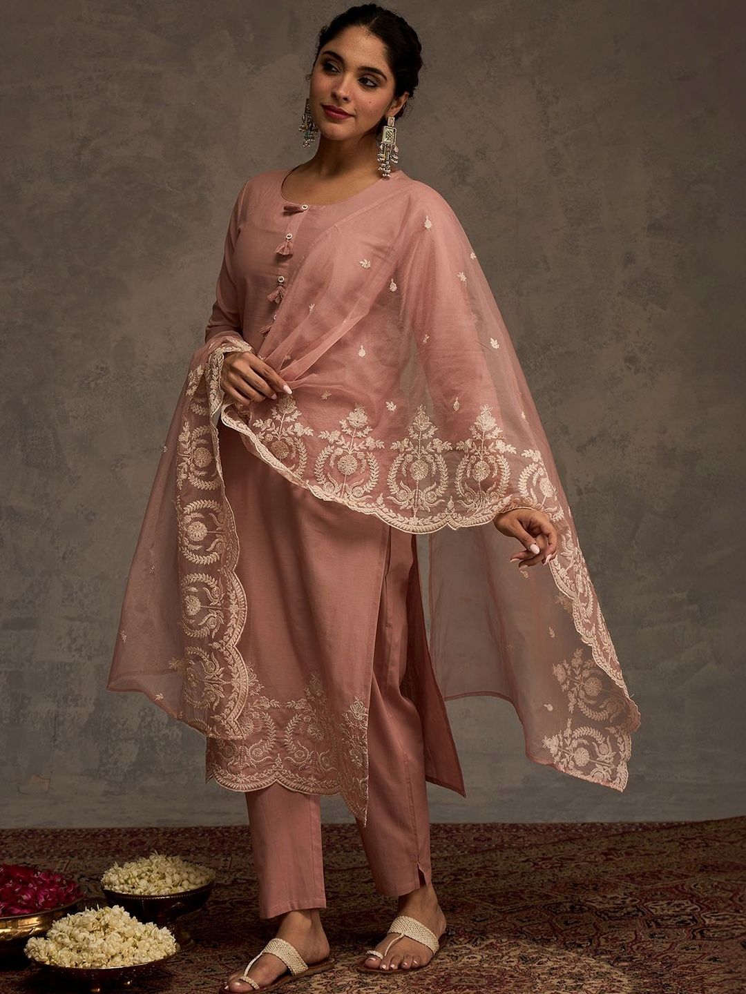 Women Ethnic Motifs Regular Thread Work Pure Cotton Kurta with Trousers & With Dupatta