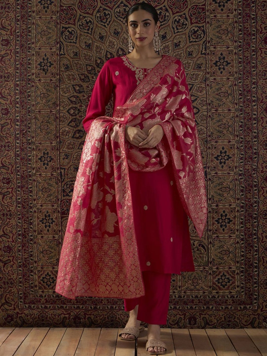 Ethnic Motifs Embroidered Straight Kurta With Trousers & Dupatta
