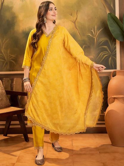 Floral Yoke Design V-Neck Sequinned Roman Silk Kurta With Trousers & Dupatta