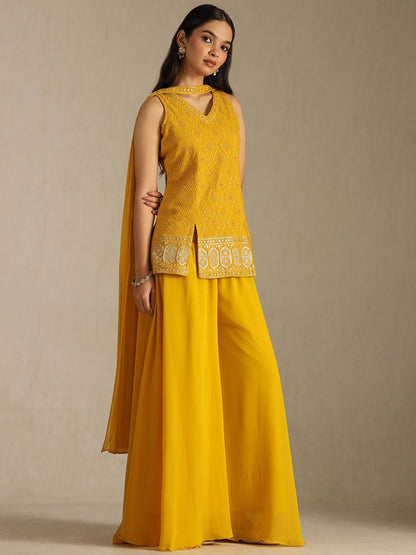 Dhiyona SO Women's Women Ethnic Motifs Embroidered Regular Mirror Work Kurti & Palazzos With Dupatta